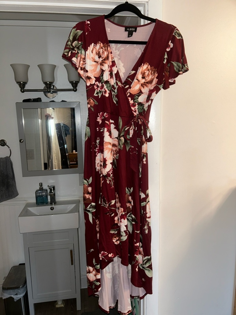 A. Byer Burgundy Floral High-Low Wrap Dress